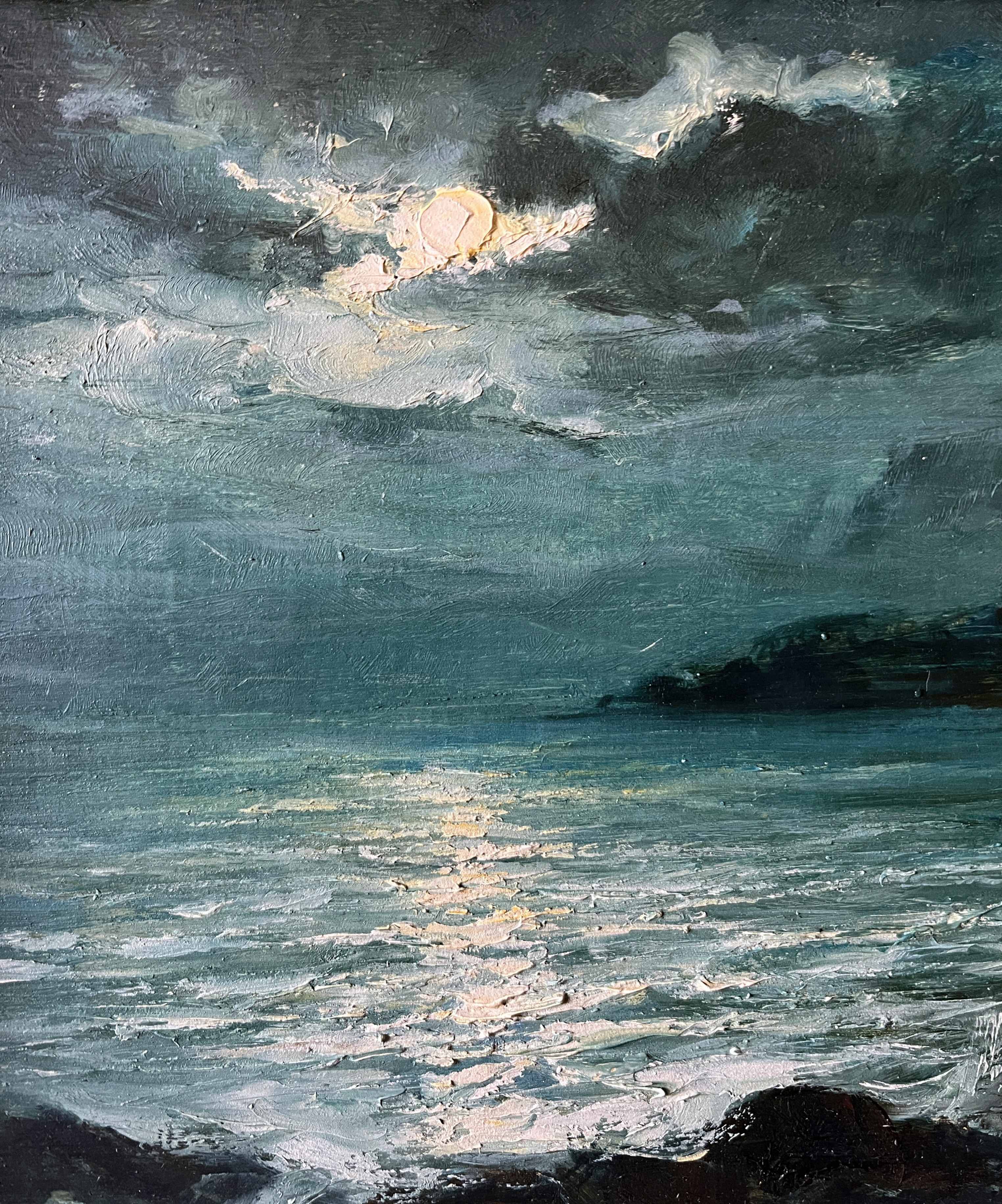 Tableau HSP "clair de lune" Marine signée + cadre (éc. début XX°)
