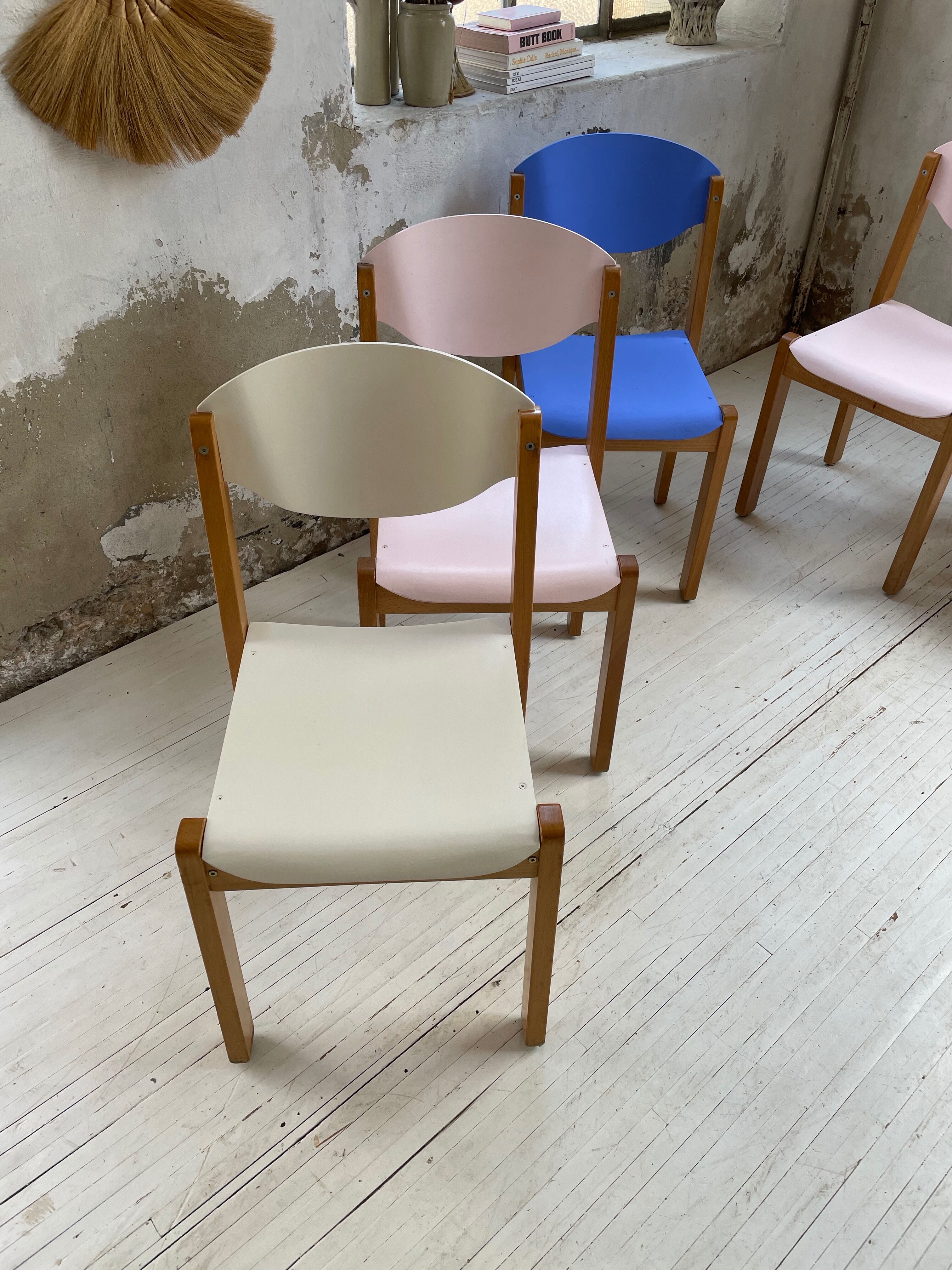 6 colorful 80s beech chairs