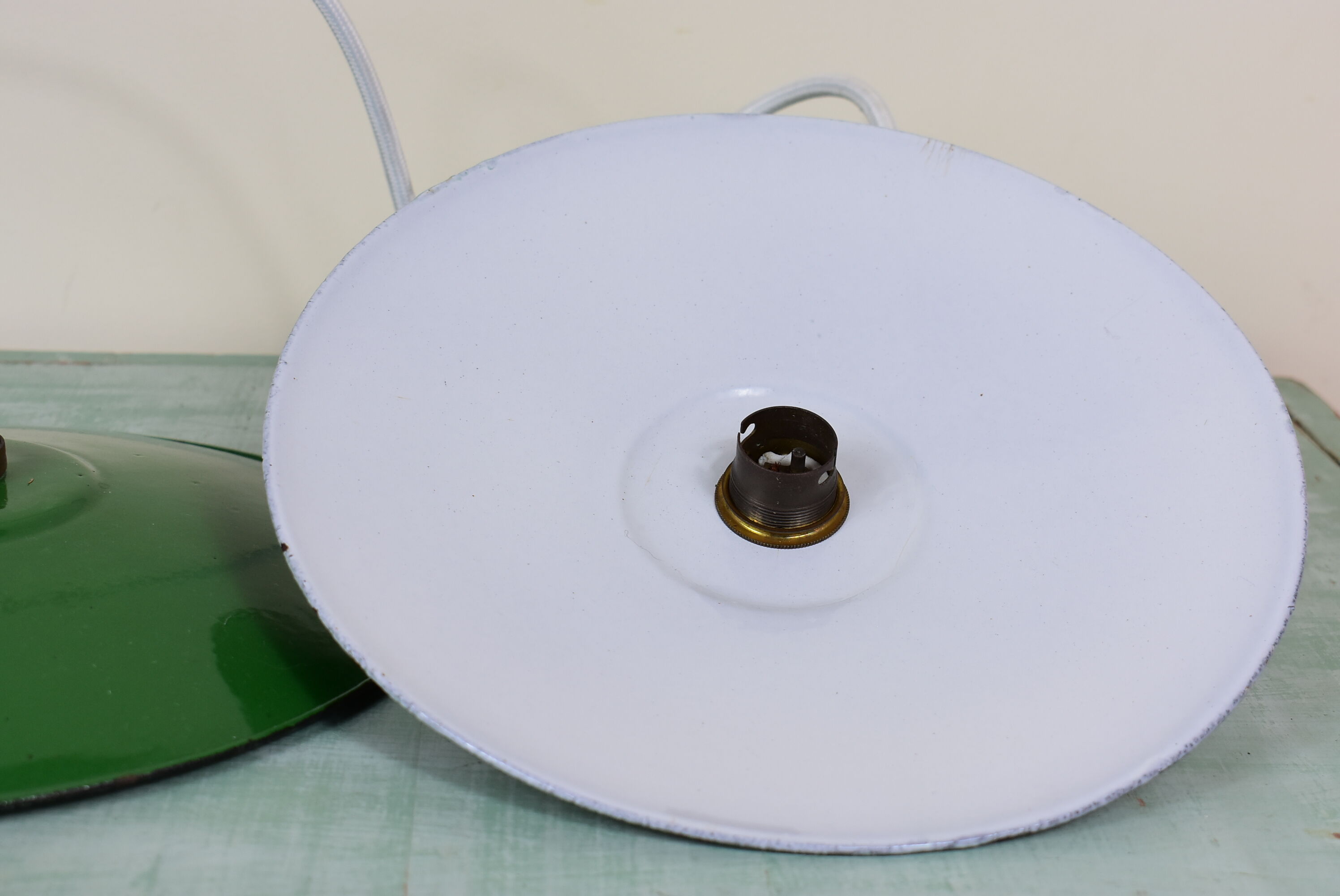 Lot of 2 lampshades enamelled sheet metal and brass socket