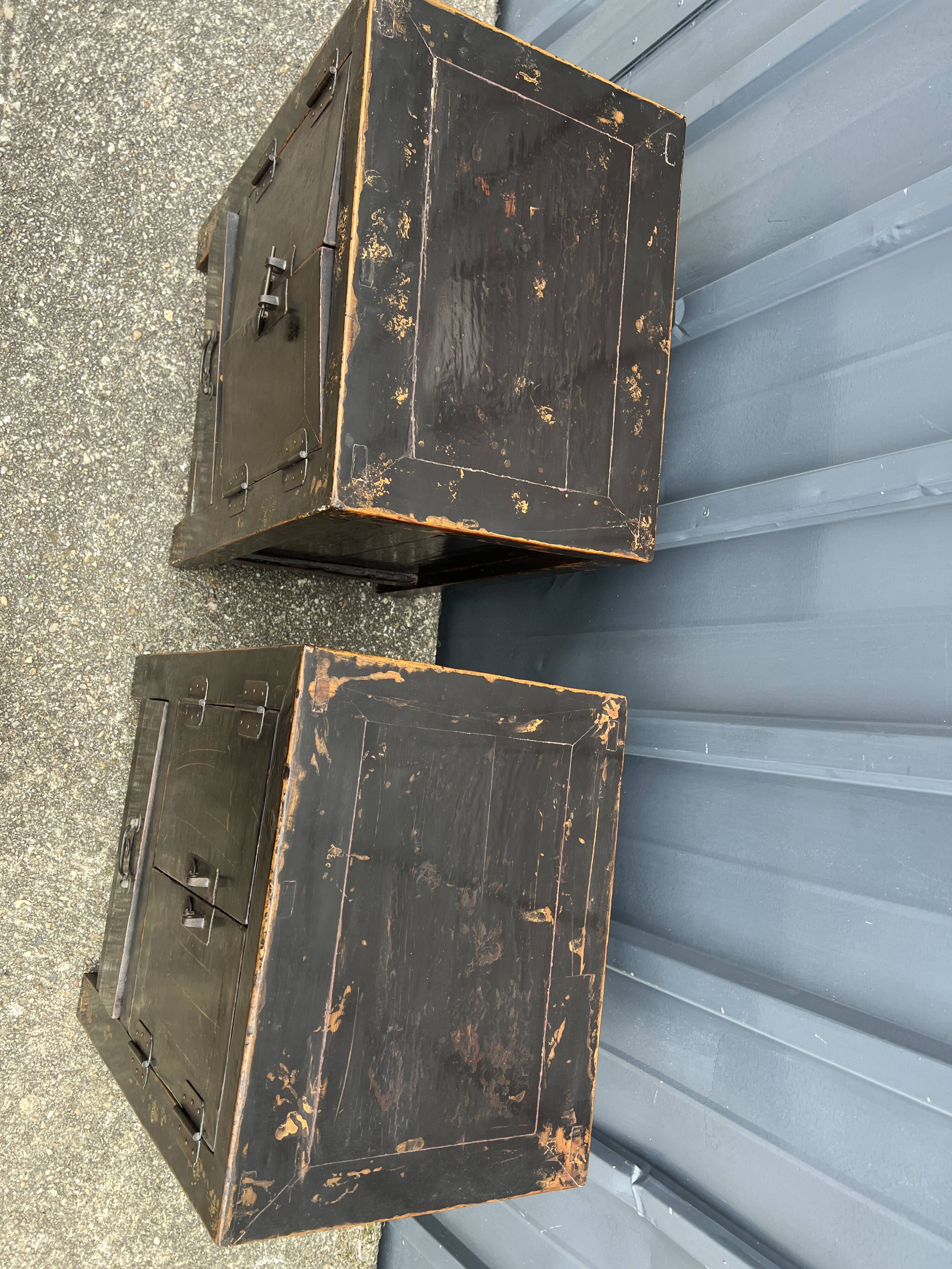 Pair of small occasional or sofa end pieces, lacquered in Asian black