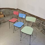 3 pink, green, blue Formica chairs