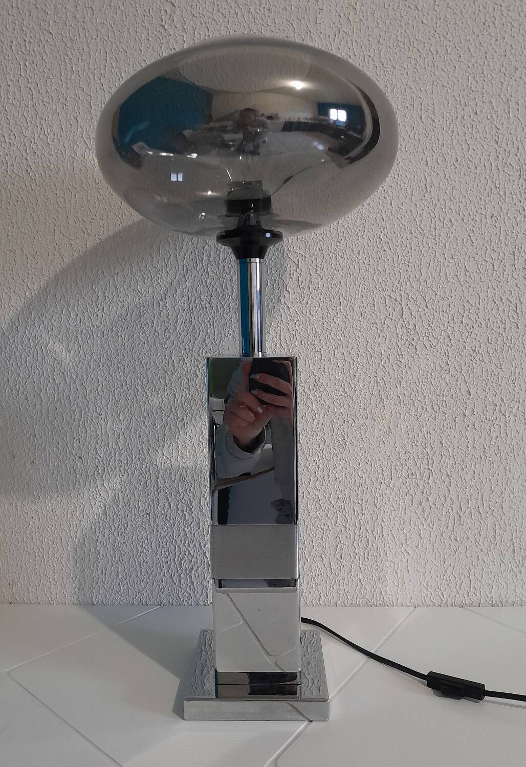 Chrome base lamp Transparent silver glass lampshade 1980 vintage