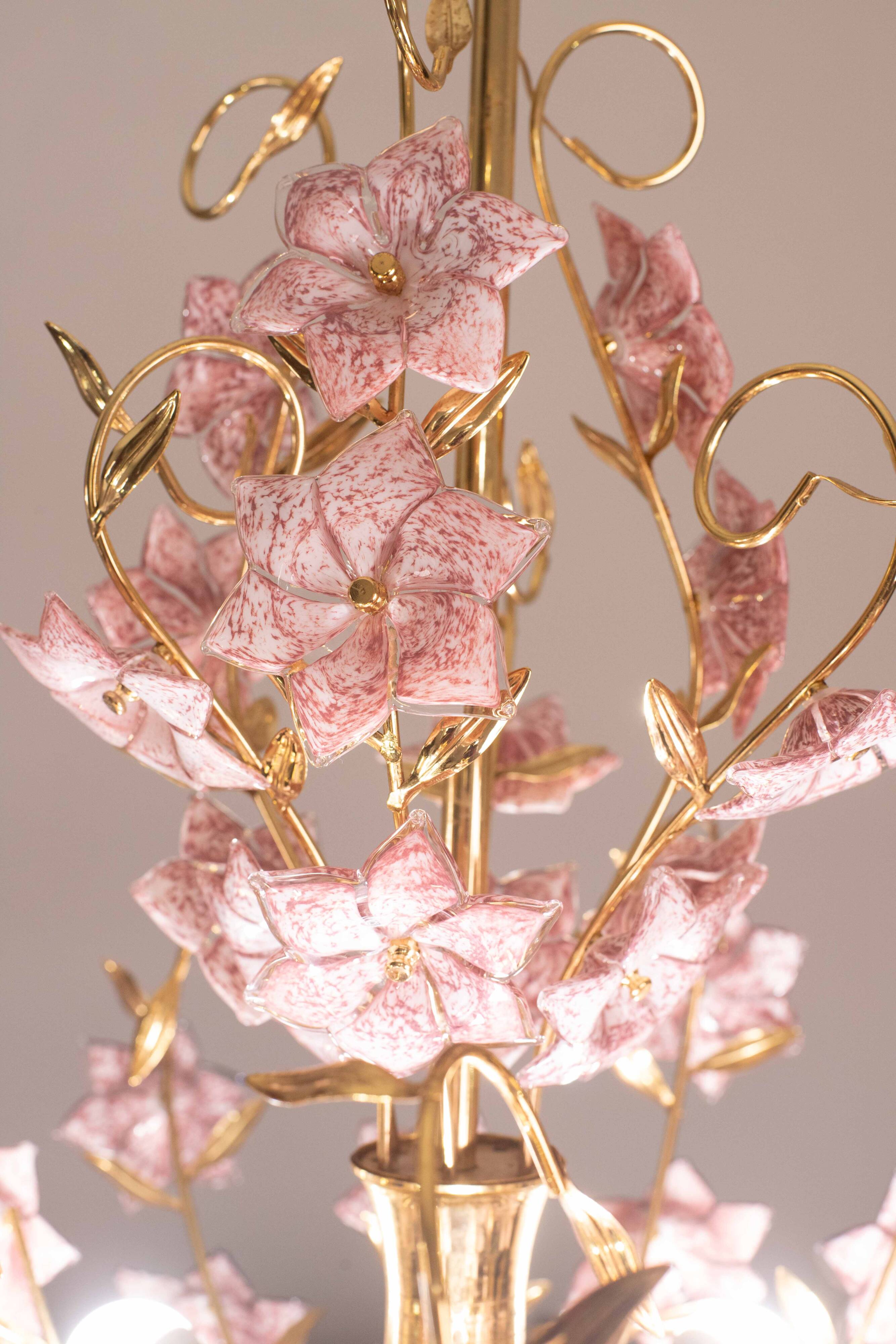 Vintage Murano Glass Chandelier Pink Flowers, 1970