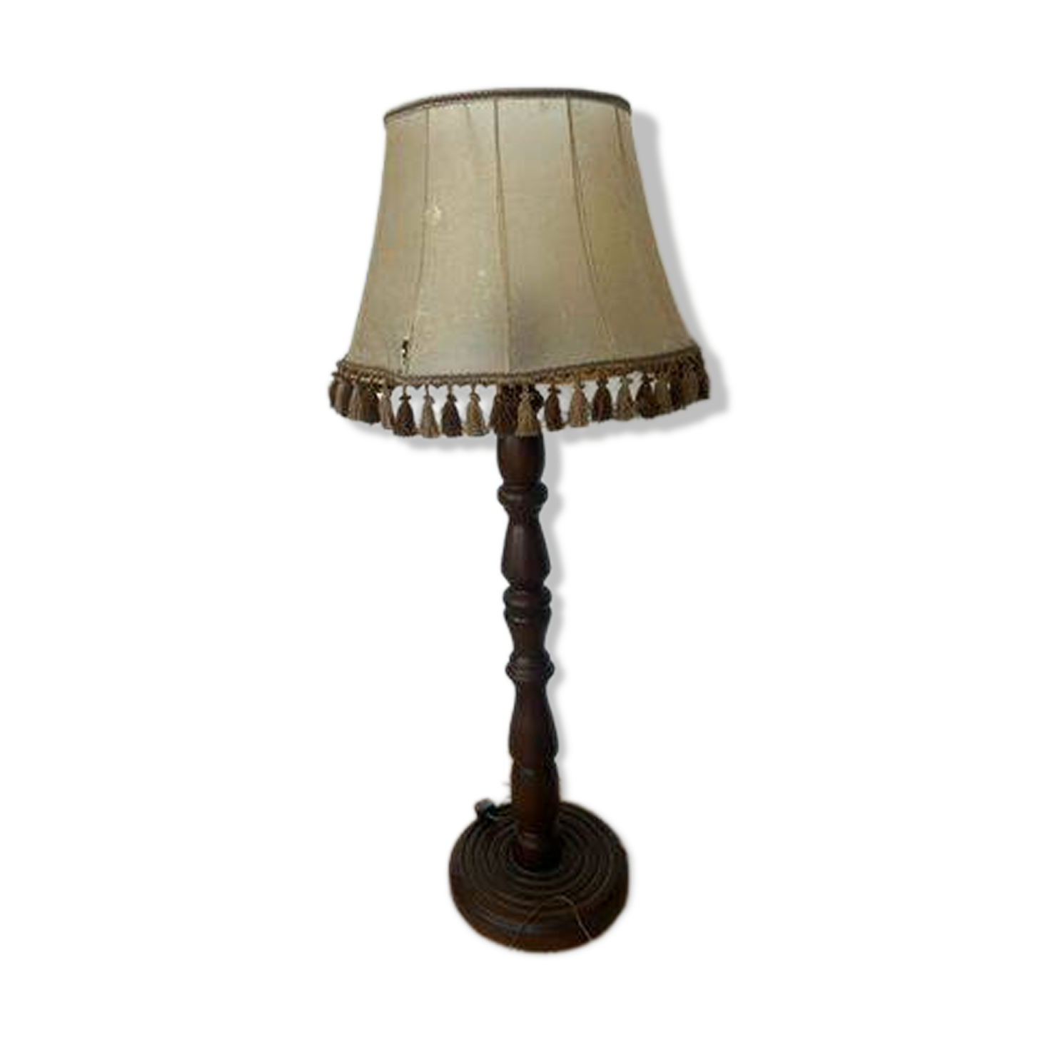 Large vintage wooden floor lamp with parchment shade and pendants.