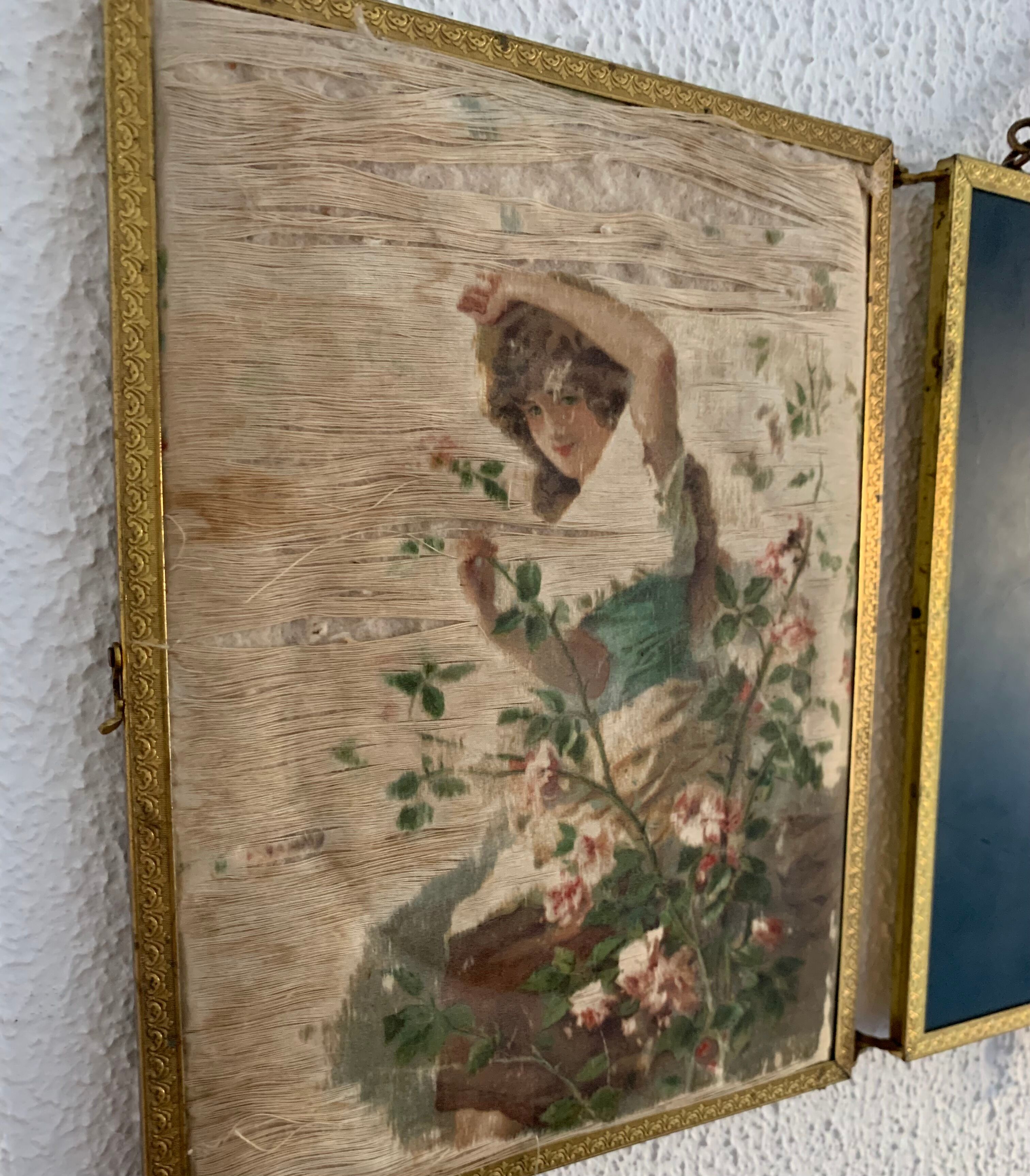 Vintage mirror 1900 triptych barber brass chiseled - 27 x 58 cm