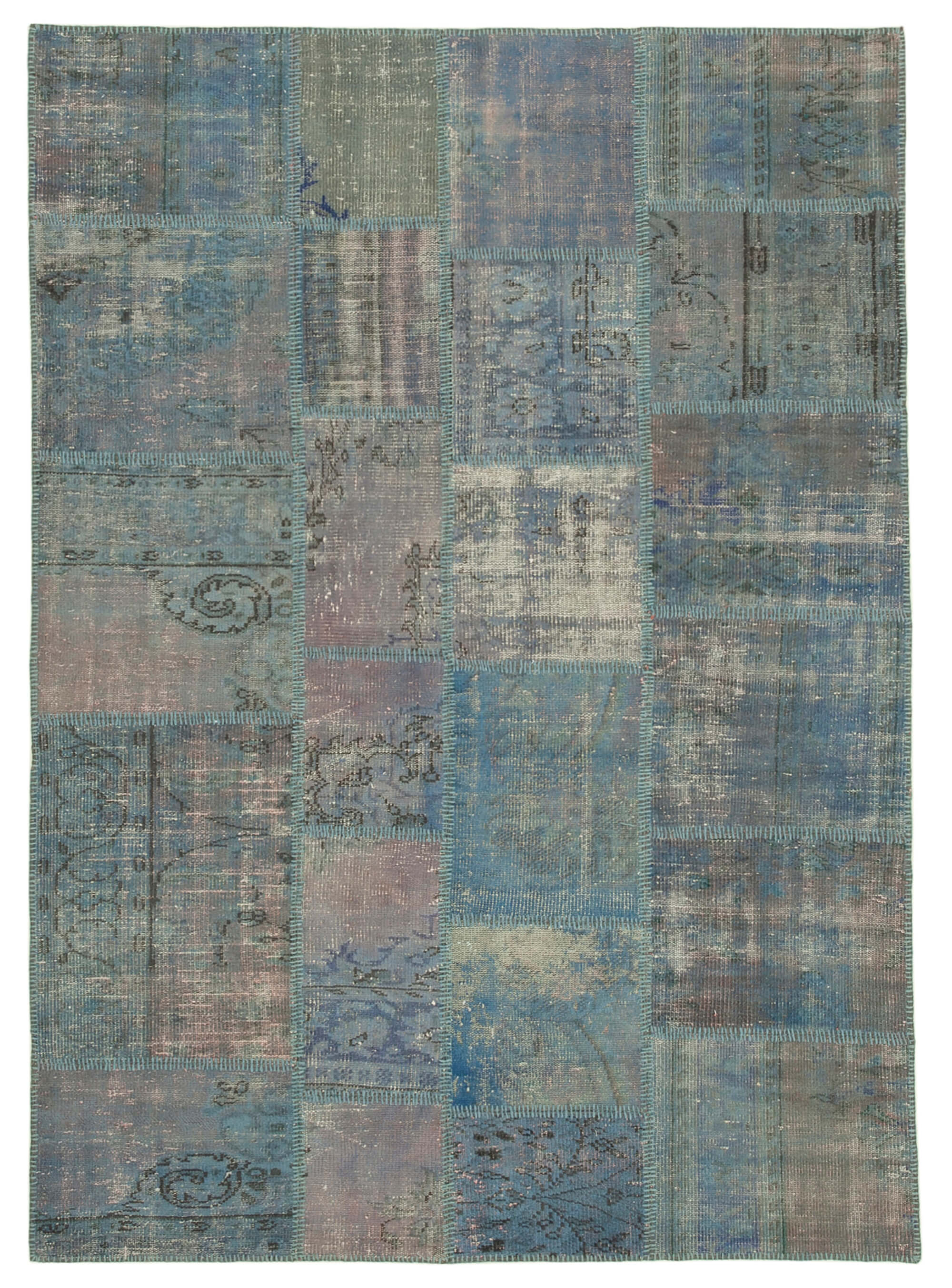 Hand-knotted anatolian contemporary 177 cm x 247 cm blue patchwork carpet