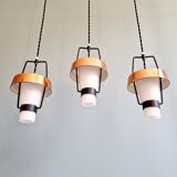 Trio of Scandinavian pendant lights in opaline and copper metal, 1960s
