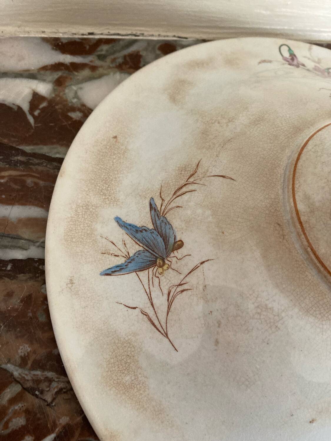 Luneville KG compote dish with poppy and butterfly design.