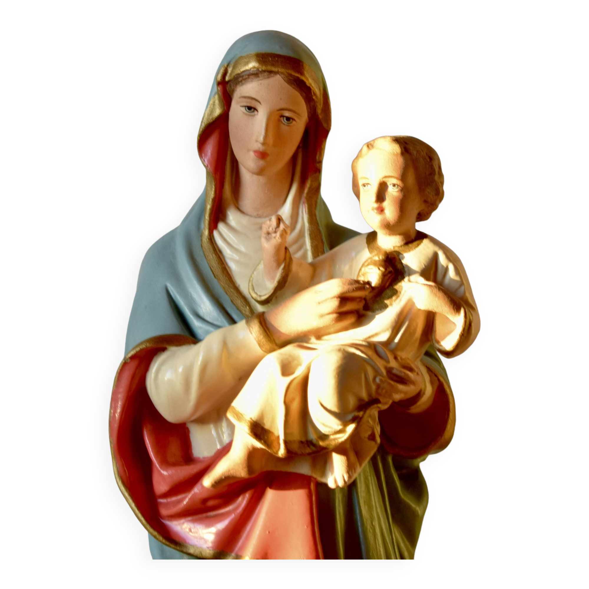 Ancient plaster statue of the Virgin and Child Jesus - hand painted - 54 cm - 1936