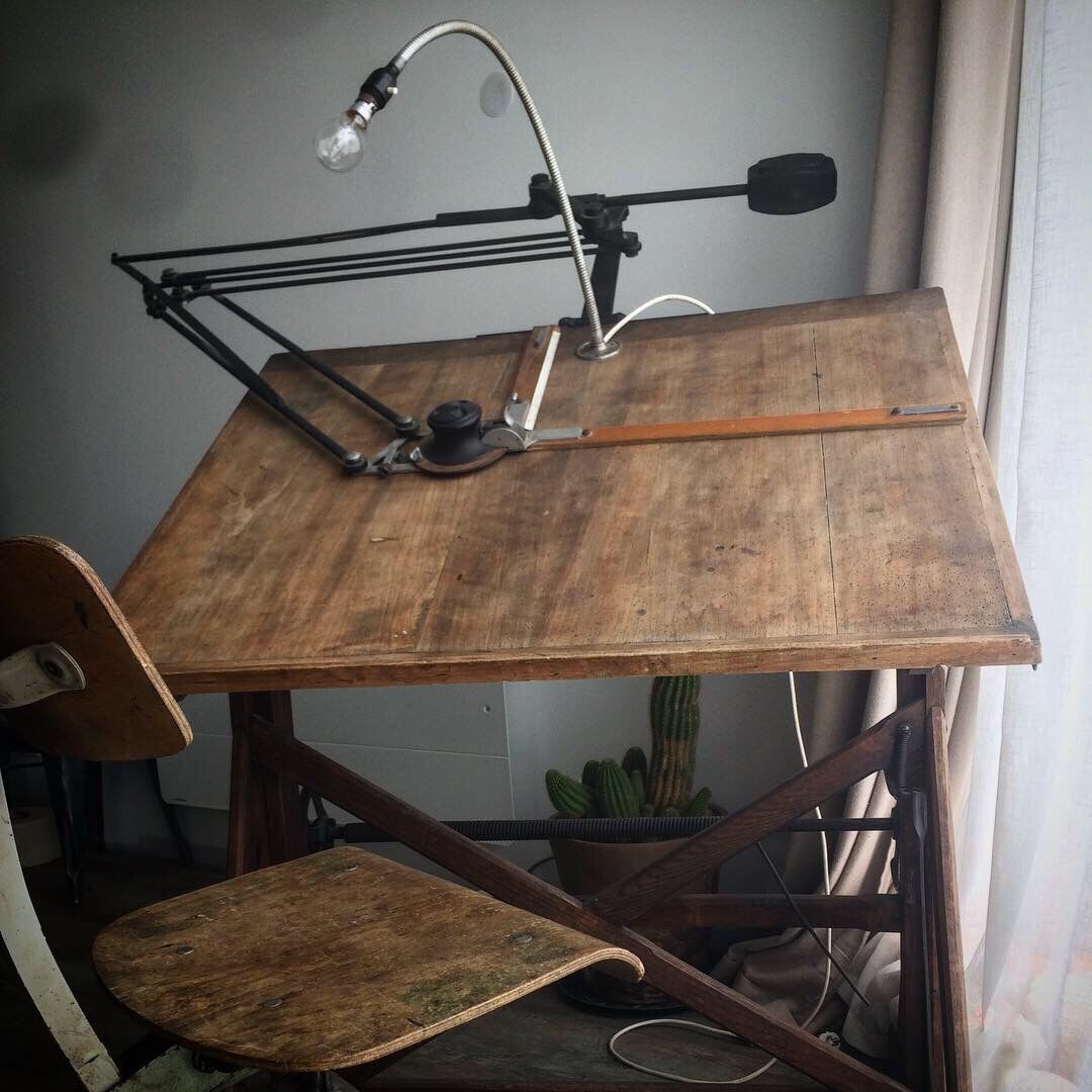 Wooden architect's table and metal movable arm 1950
