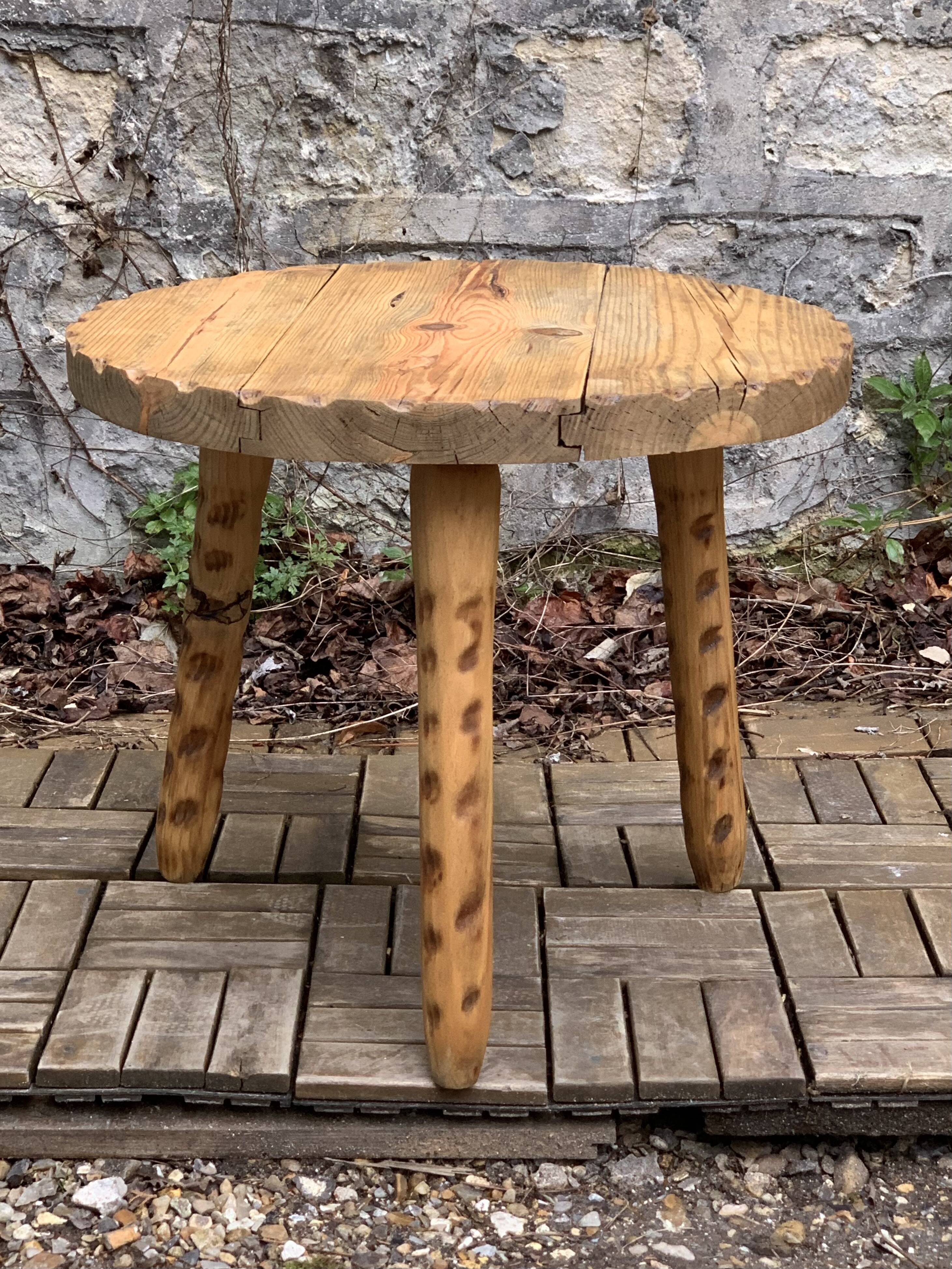 Solid pine tripod coffee table, raw, 1960