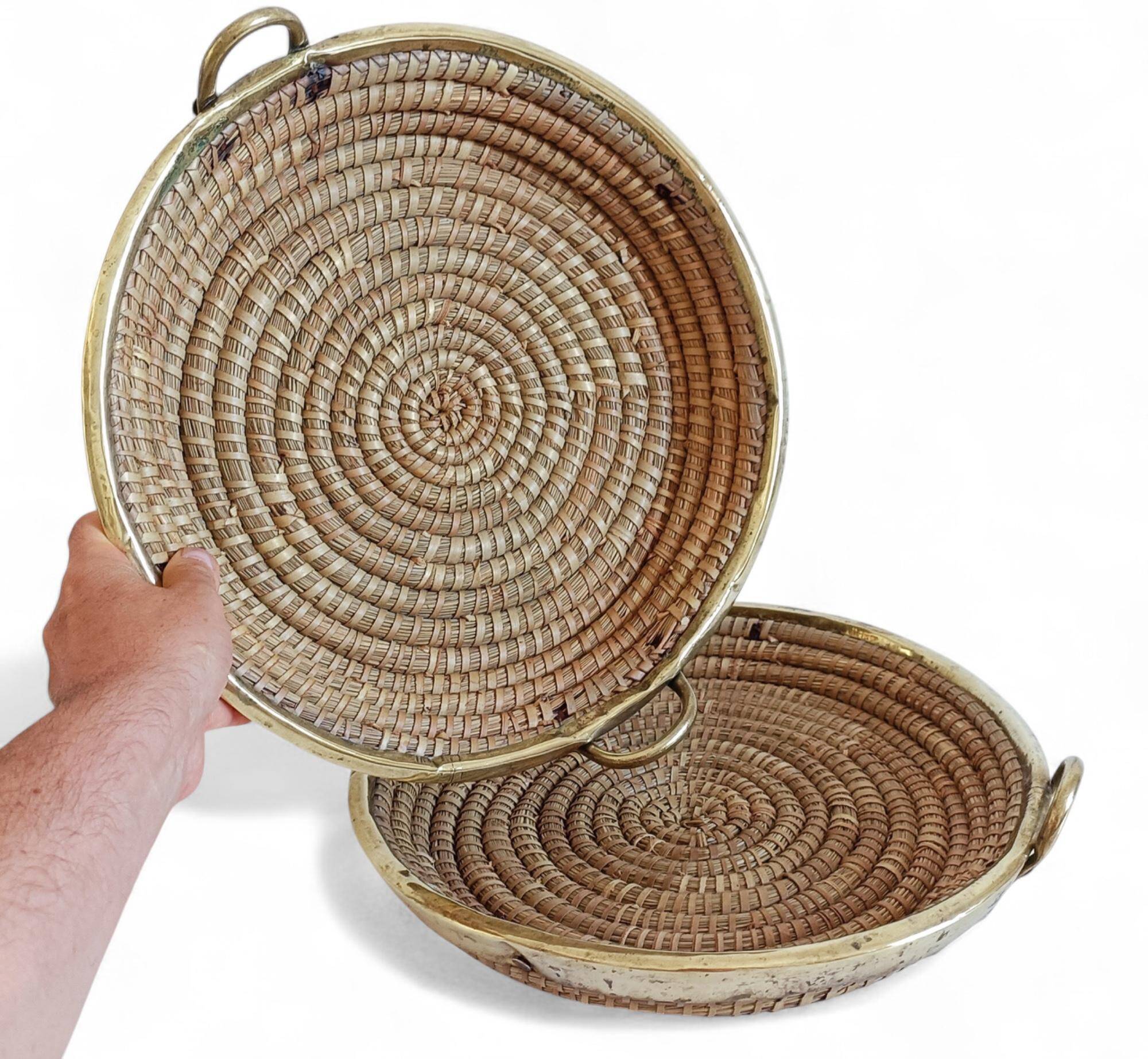 1970s Gabriella Crespi Style Handmade Natural Fiber and Brass Trays