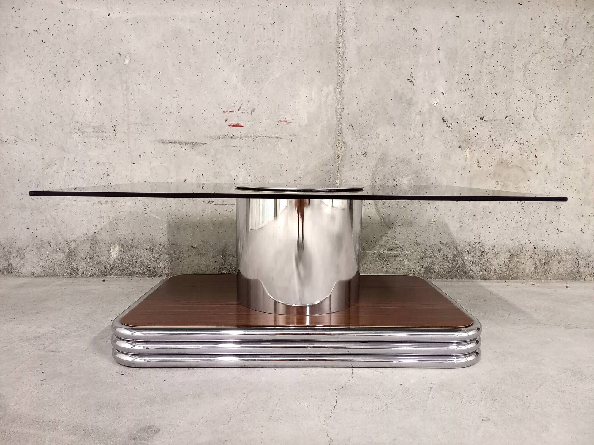 Vintage coffee table in smoked glass, chrome metal and wood décor 60s 70s