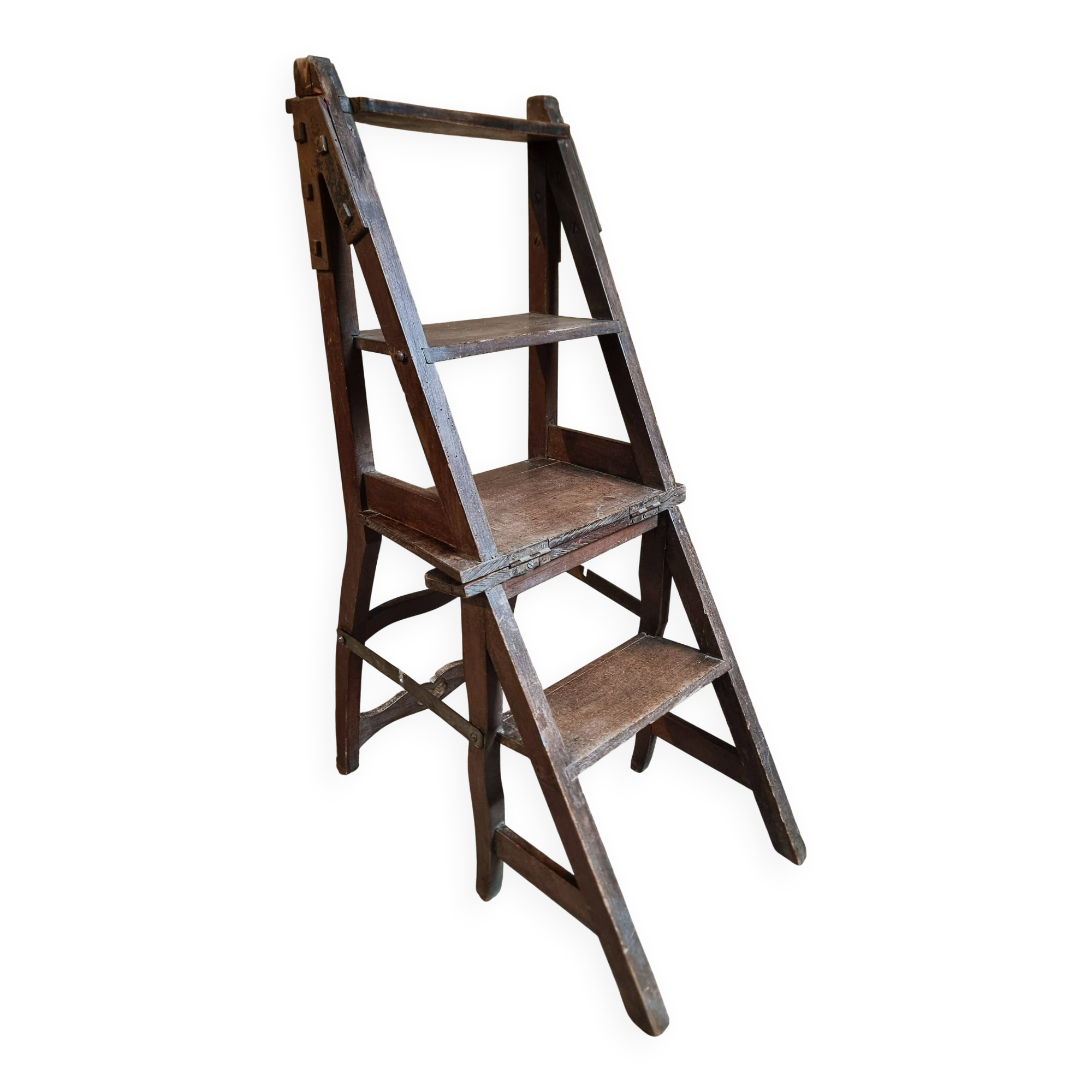 Chaise escabeau de bibliothèque ancienne – Chaise métamorphique en hêtre, France, début 1900