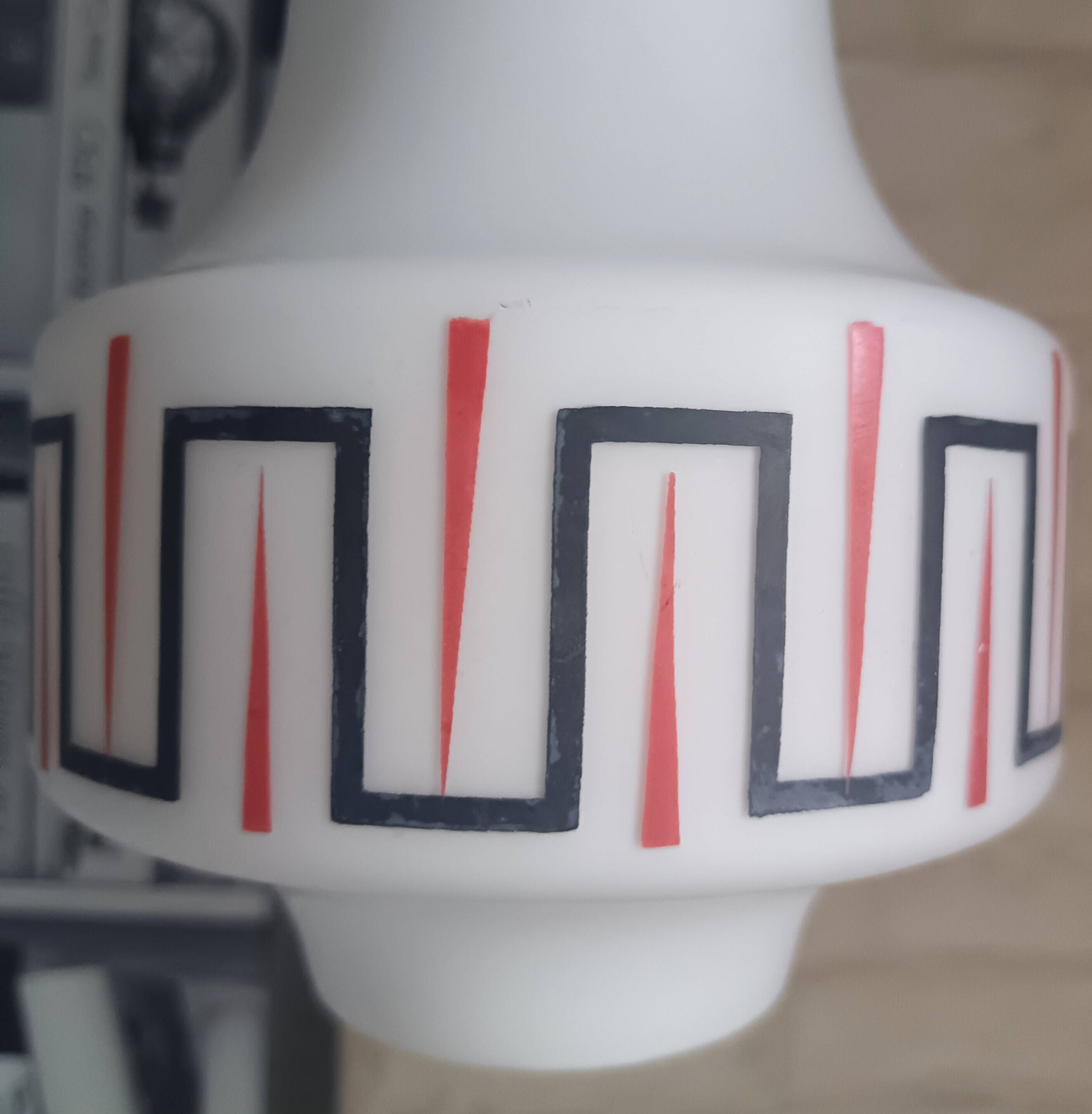 Vintage opaline glass pendant light, red and black geometric patterns, 1960s