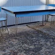 Large blue formica table, SIF brand, vintage, eiffel legs, and its 6 chairs, 50s
