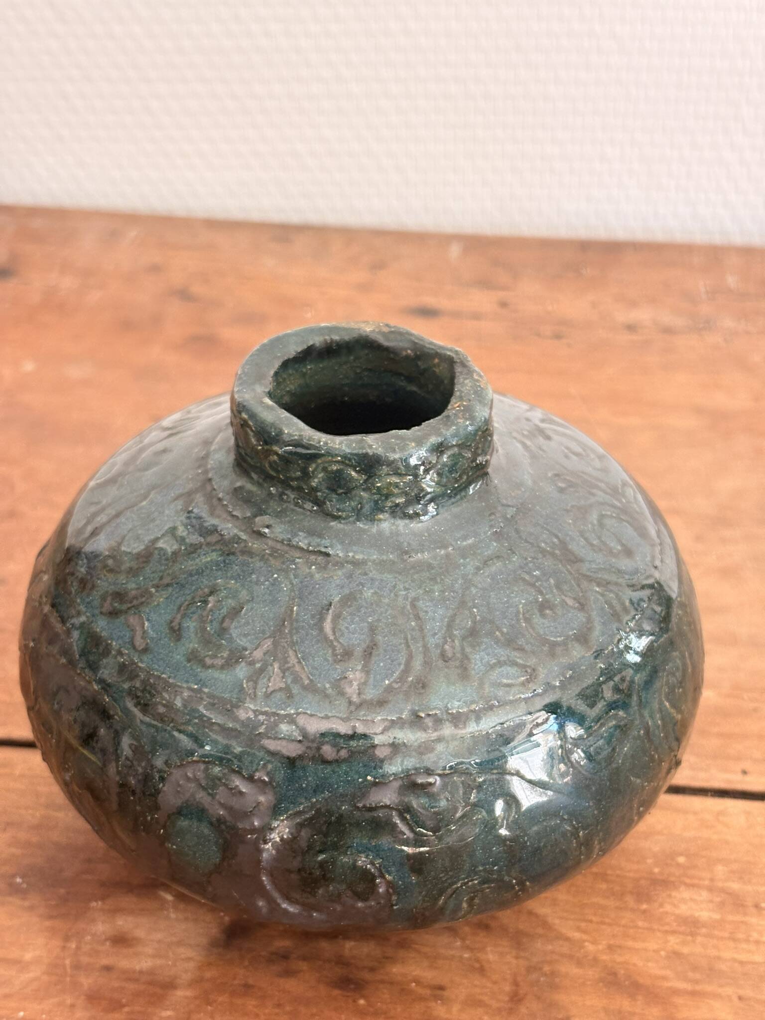 Glazed Engraved Bowl Vase with Geometric Flowers, Popular Art from the 50s