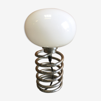 Lampe ressort pied métal et opaline blanche