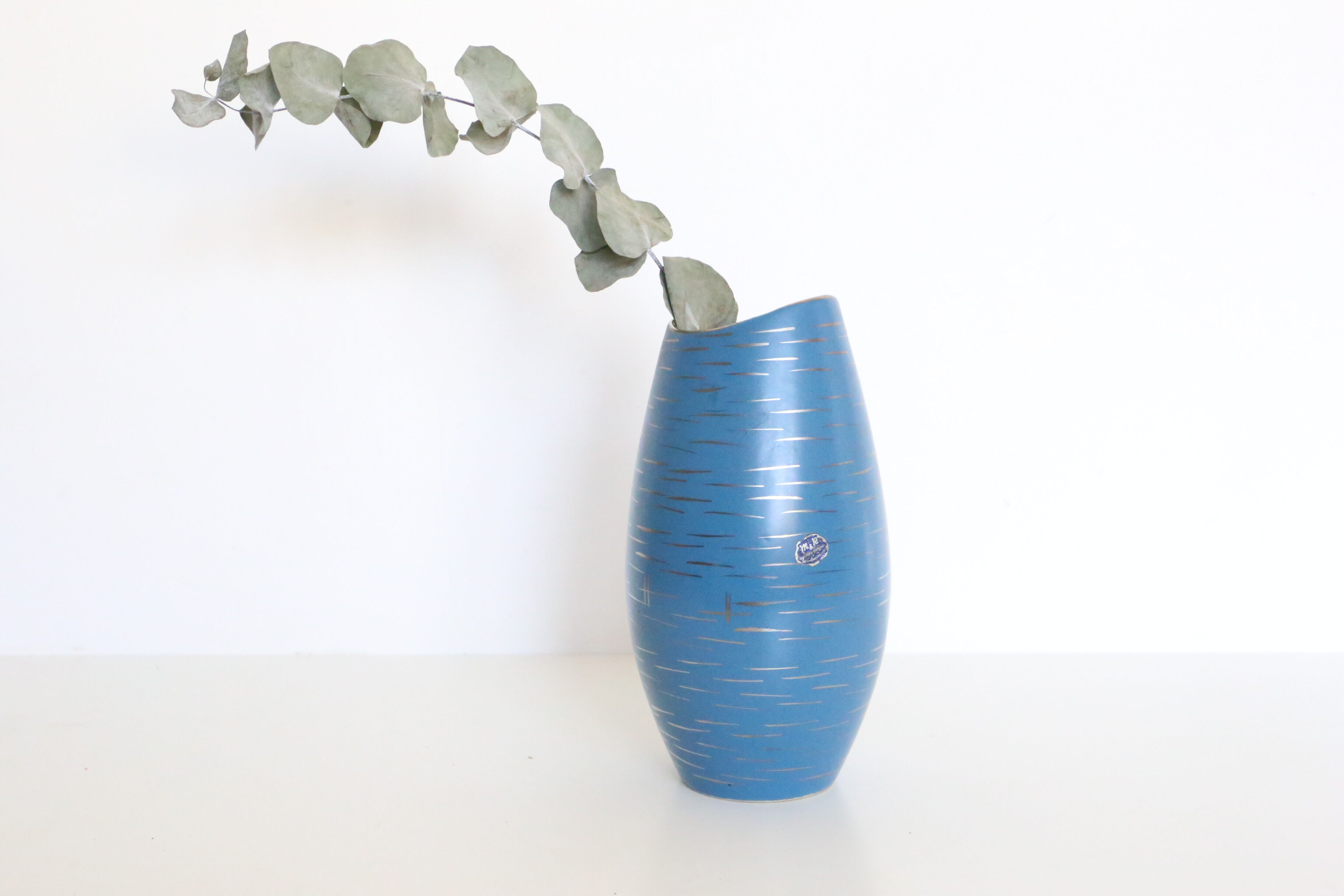 German ceramic vase, blue and gold, 1960, handicrafts, vintage