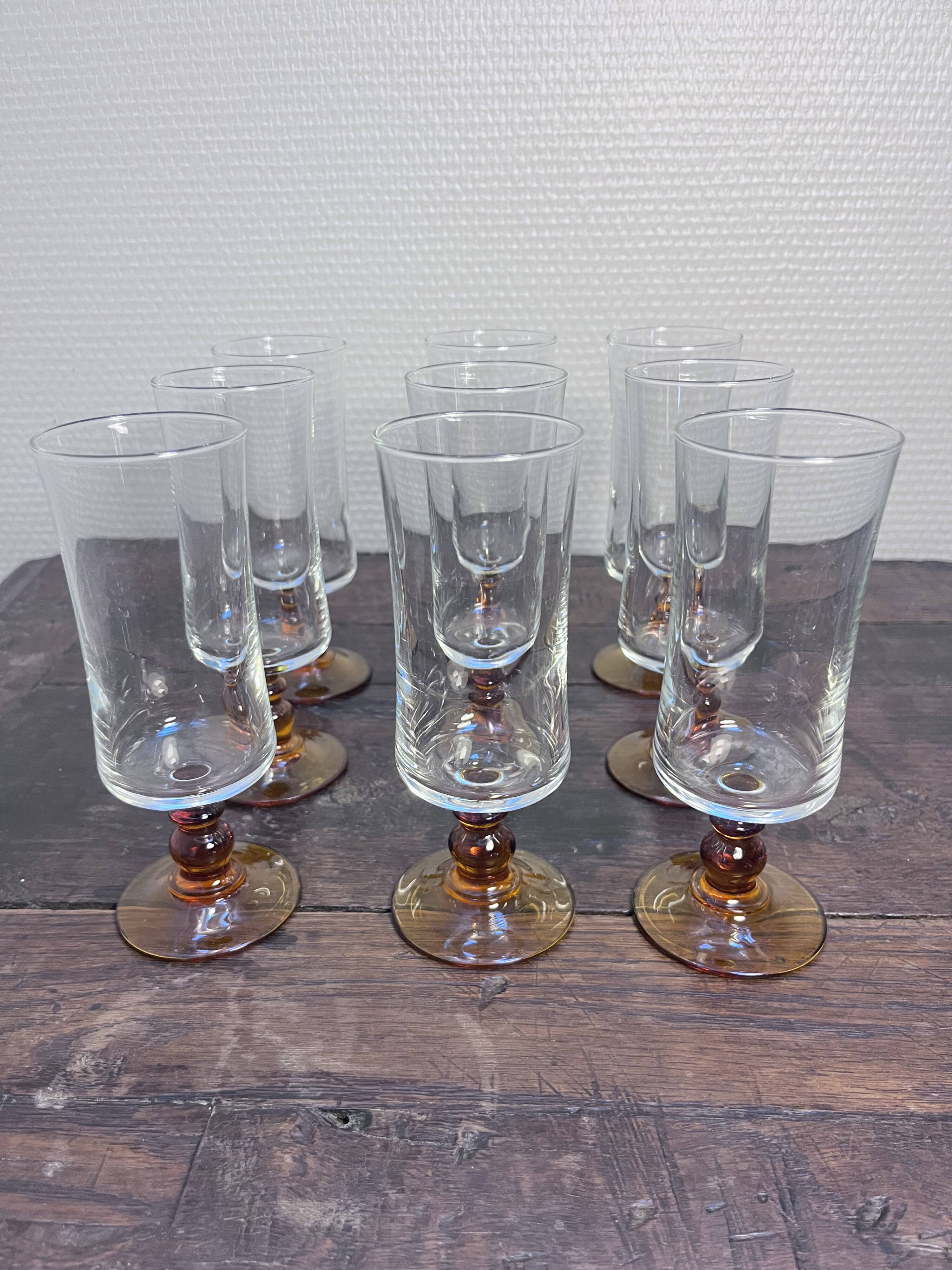 Set of 9 Vintage Amber Stemmed Glasses – 1970s