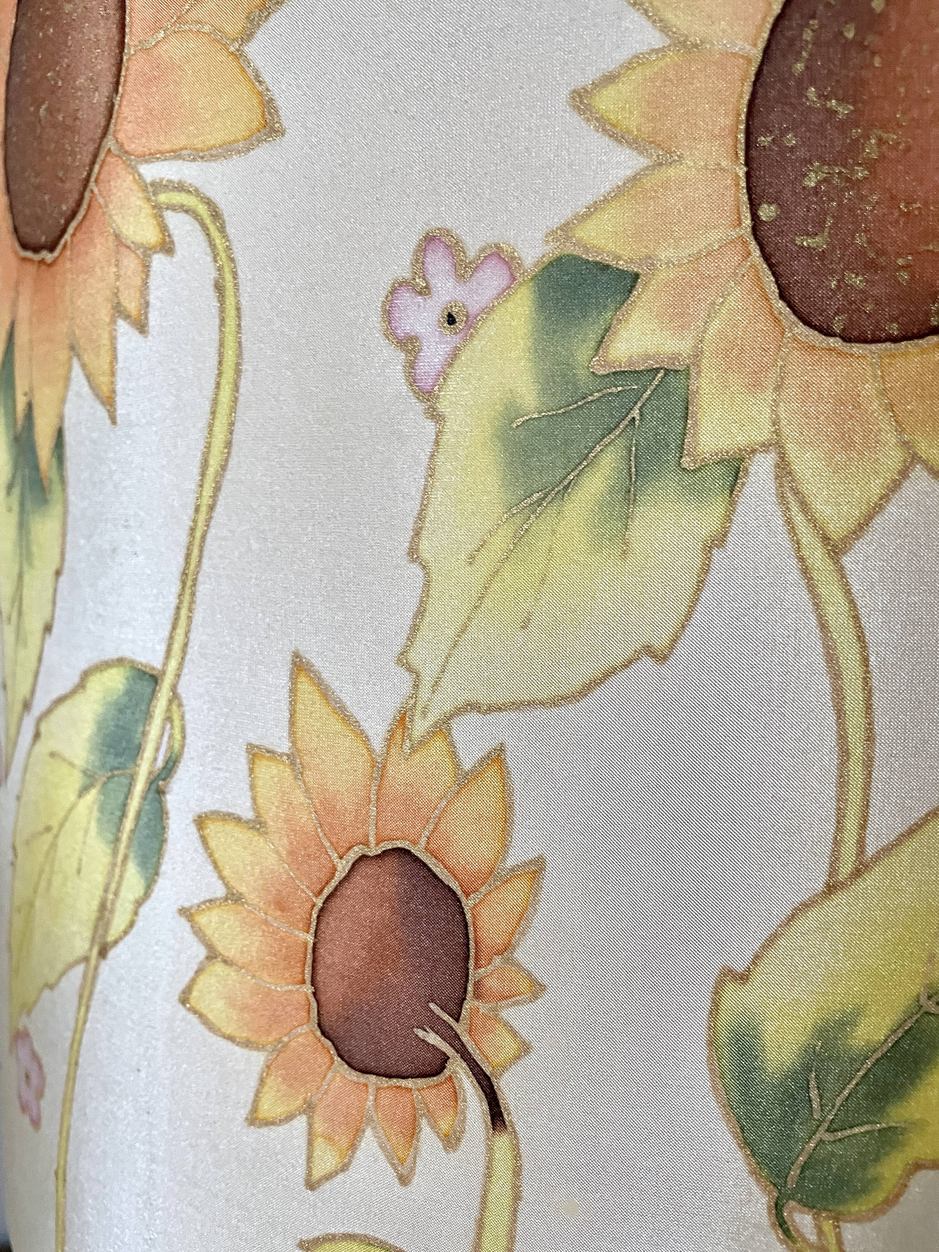 Large sunflower lamp signed silk and rattan 1970