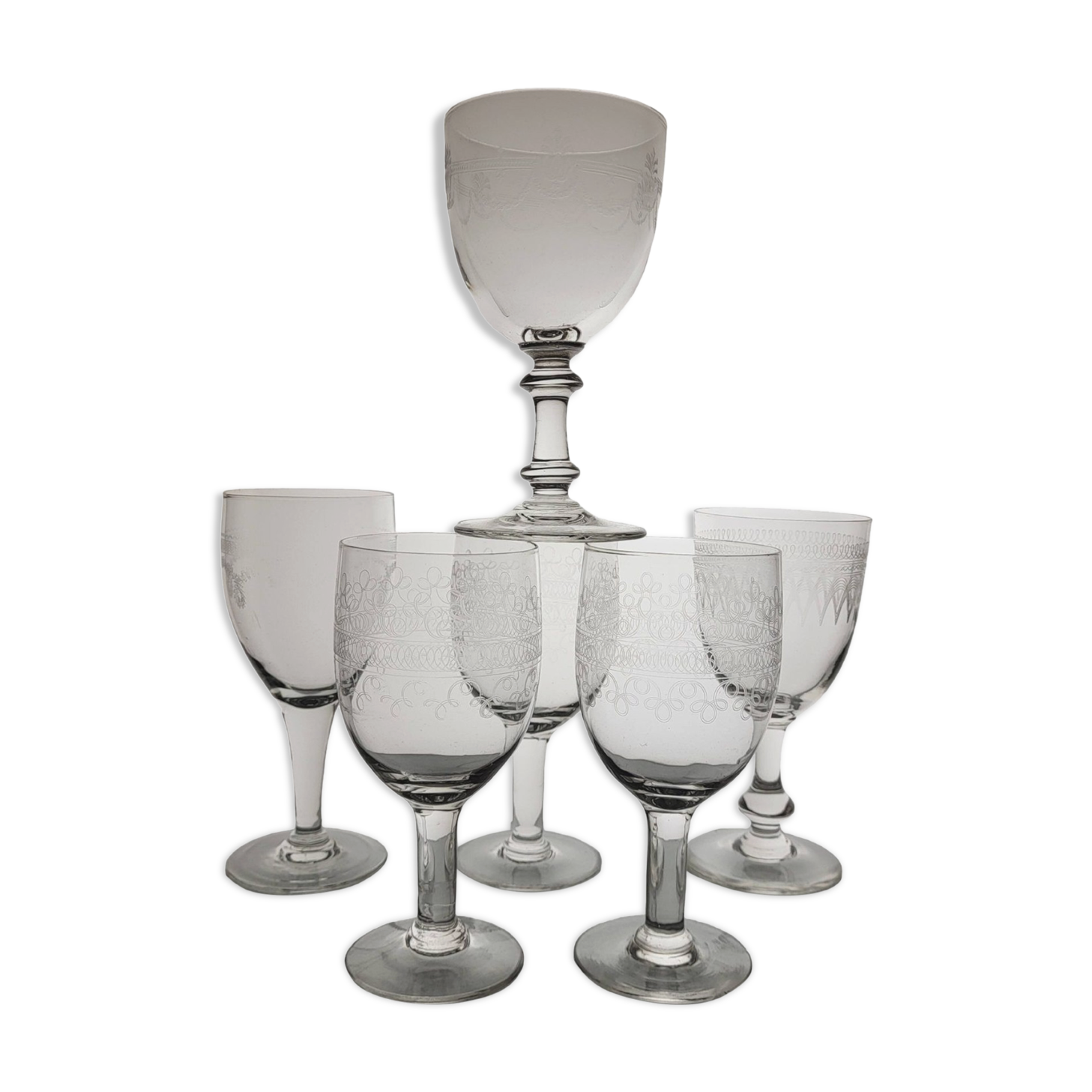 6 mismatched old wine/water glasses from the early 20th century.