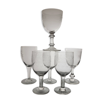 6 mismatched old wine/water glasses from the early 20th century.