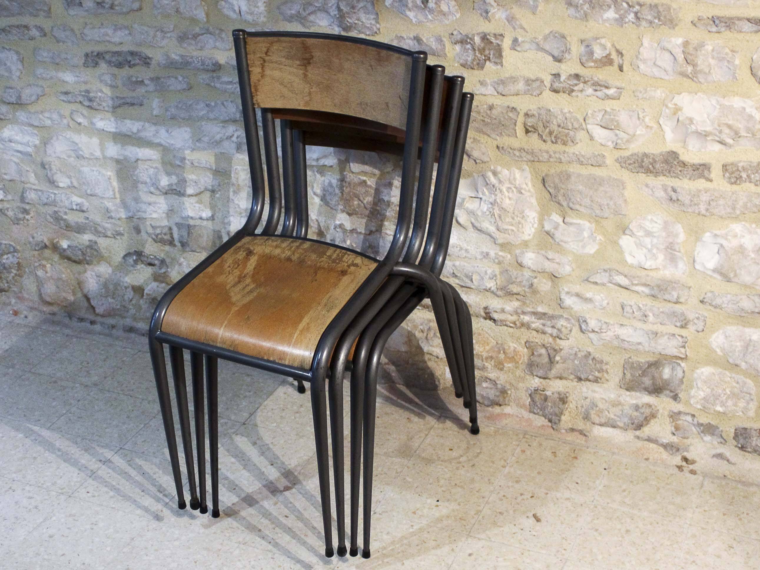 4 chaises d'école pieds fuselés métal et bois
