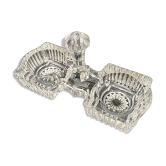 Transparent glass salt cellar with geometric patterns and rosettes