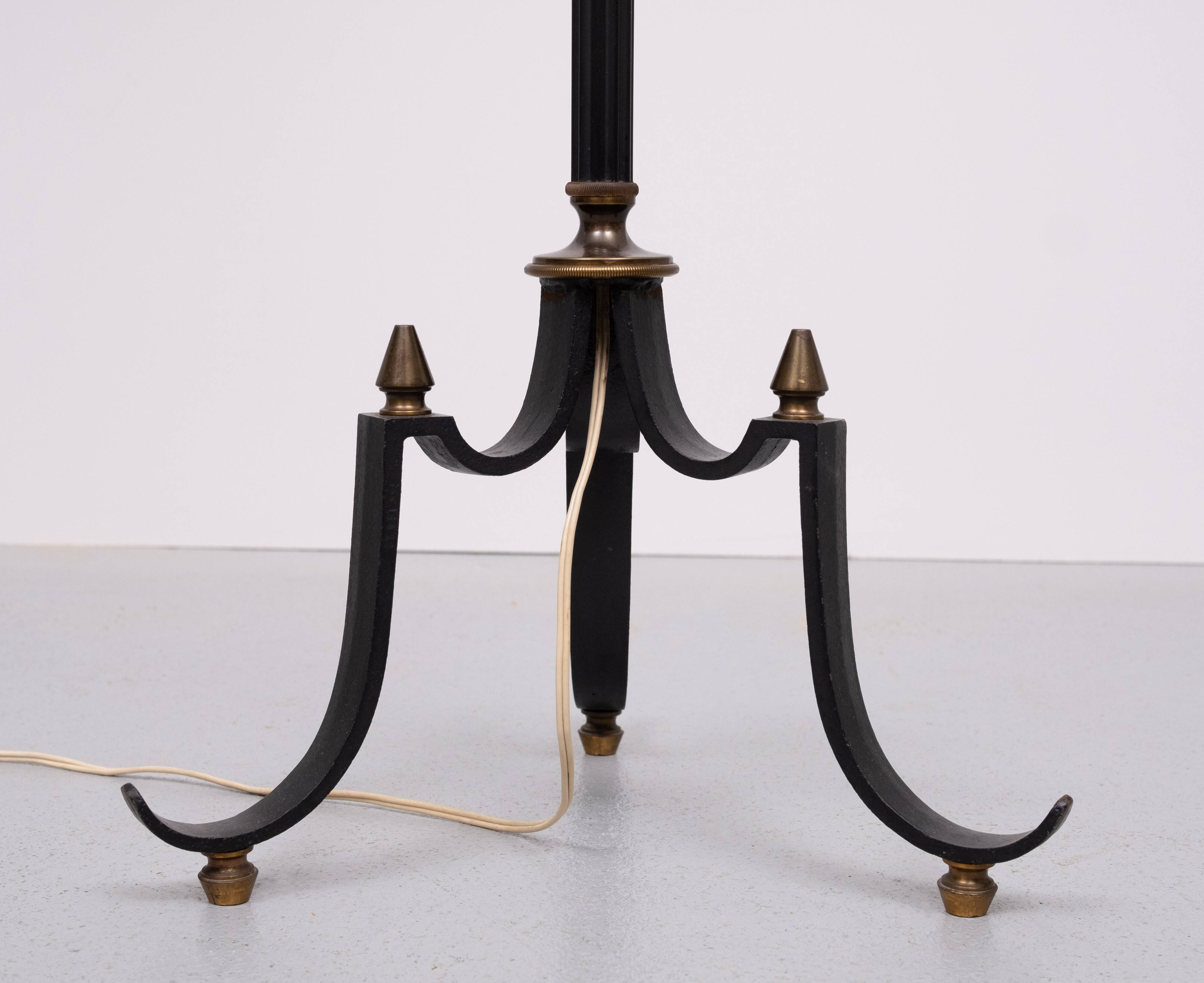 French tripod green and brass Floor lamp 1950s