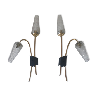 Pair of vintage brass double wall light design 60 years
