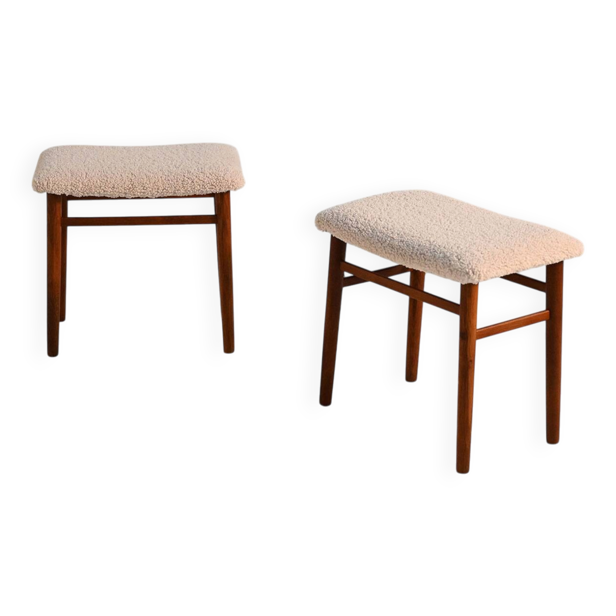 Scandinavian teak stools with sheepskin seat, 1960s