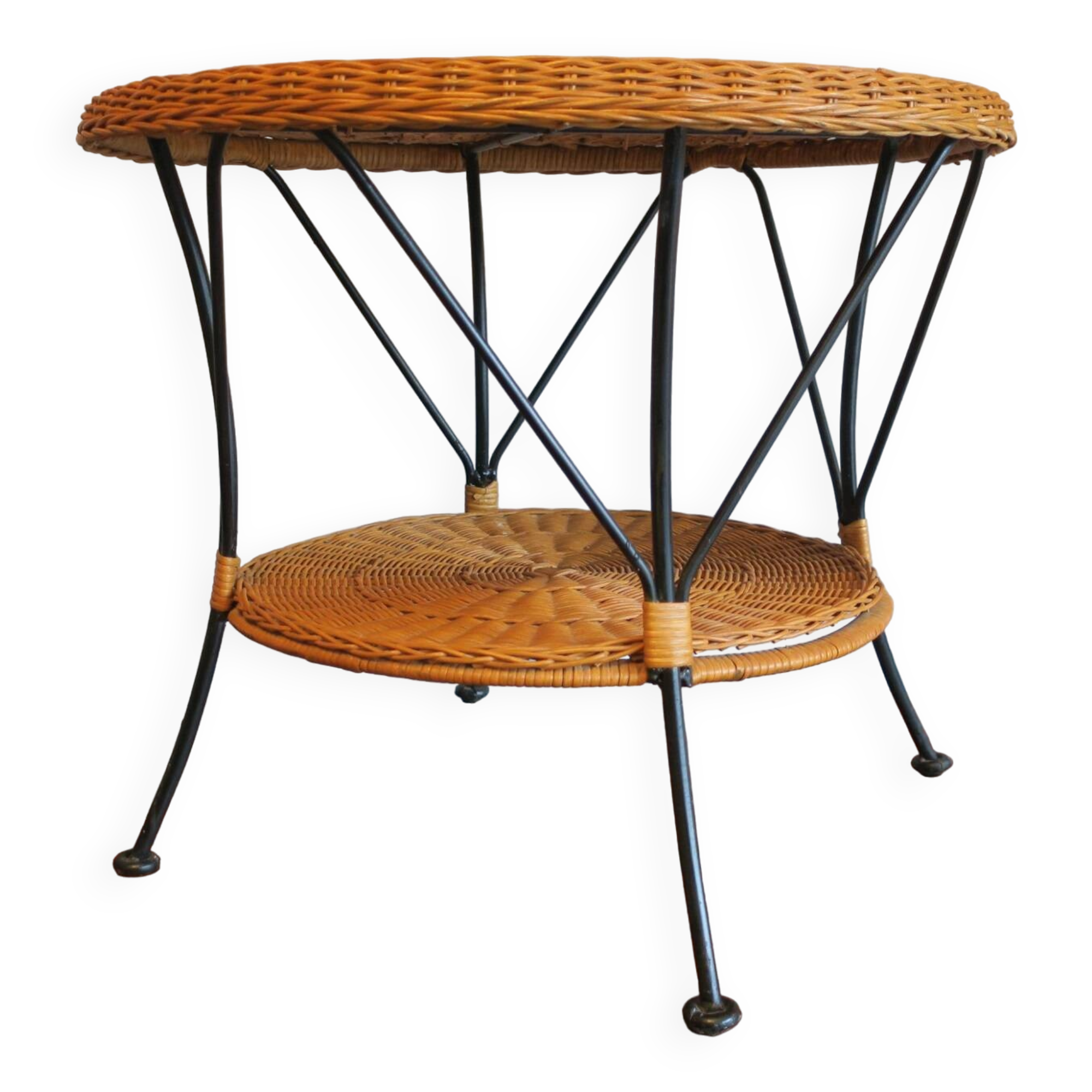 Mid century rattan and iron 2-level coffee or side table, 1960s