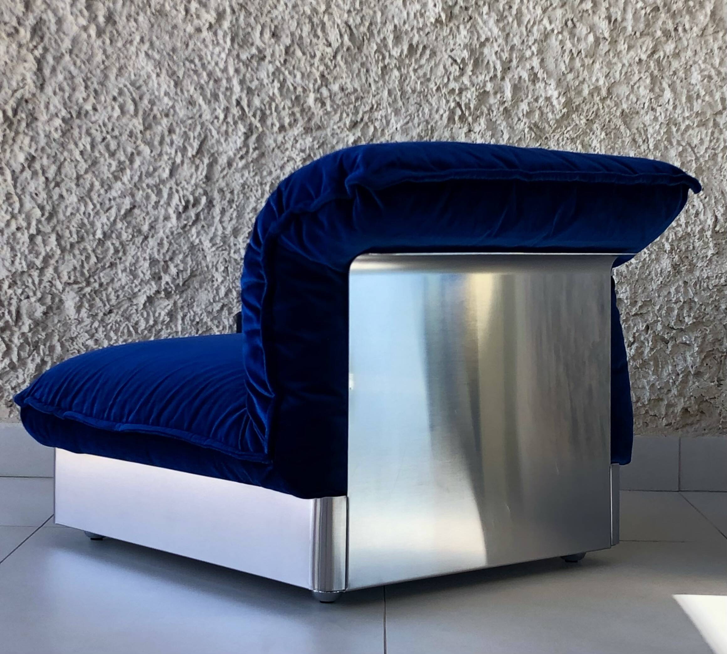 Stainless steel and royal blue velvet armchair, France, 1970s