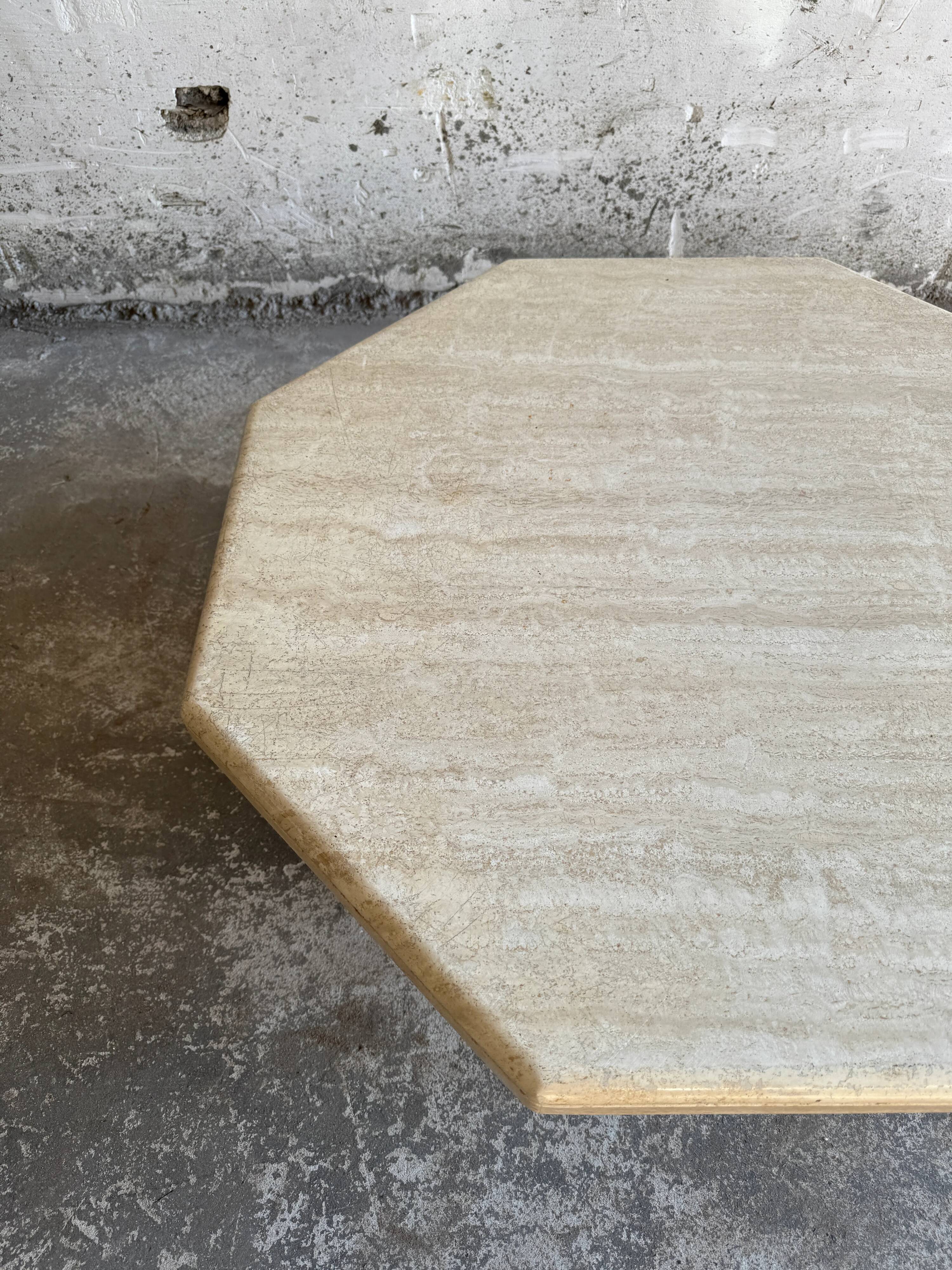 Beige Travertine Sculptural Coffee Table — Hexagonal Solid Natural Stone, Brutalist Design