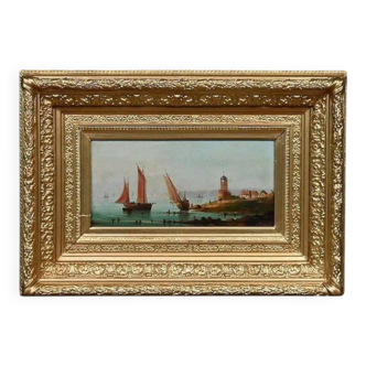 Tableau "Sailboats on the Mediterranean", oil on panel, French school of the 19th century.