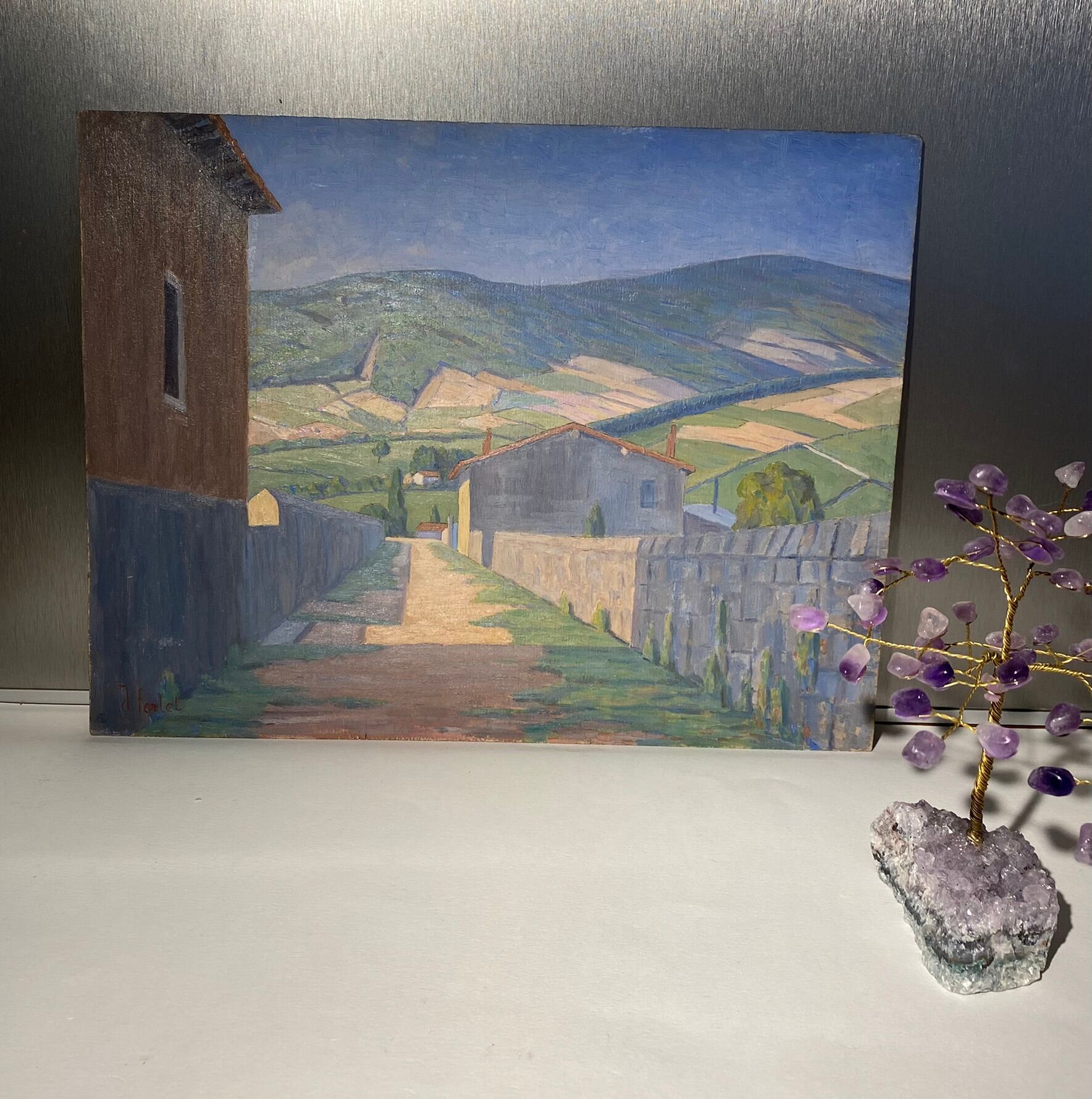 Old painting, landscape Monts du Lyonnais, signed, mid-twentieth century