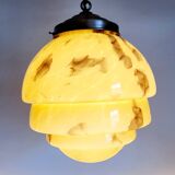 Lampe à suspension art déco en glaçure opaline, gemarmerd, messing, jaren 1930