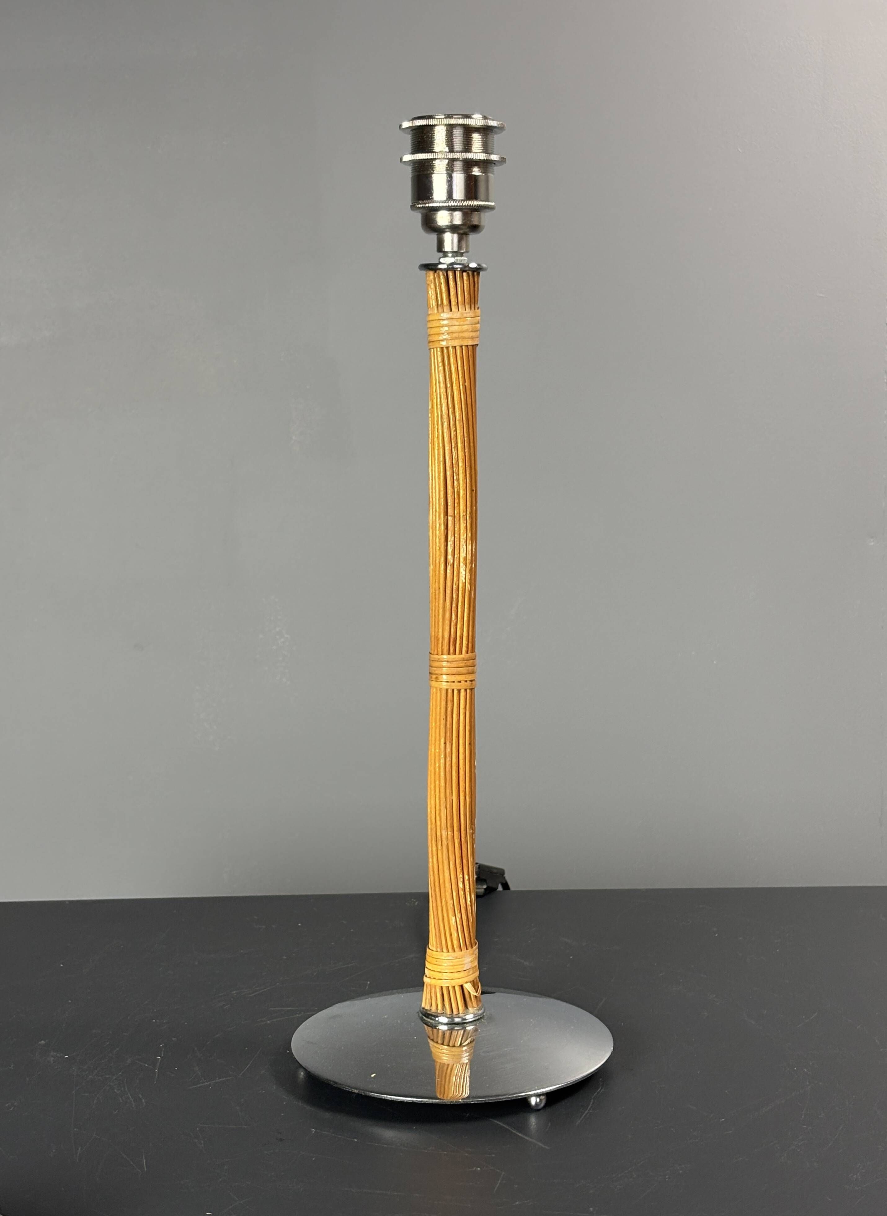 Set of 2 pencil reed rattan bamboo and chrome table lamps, 1980s