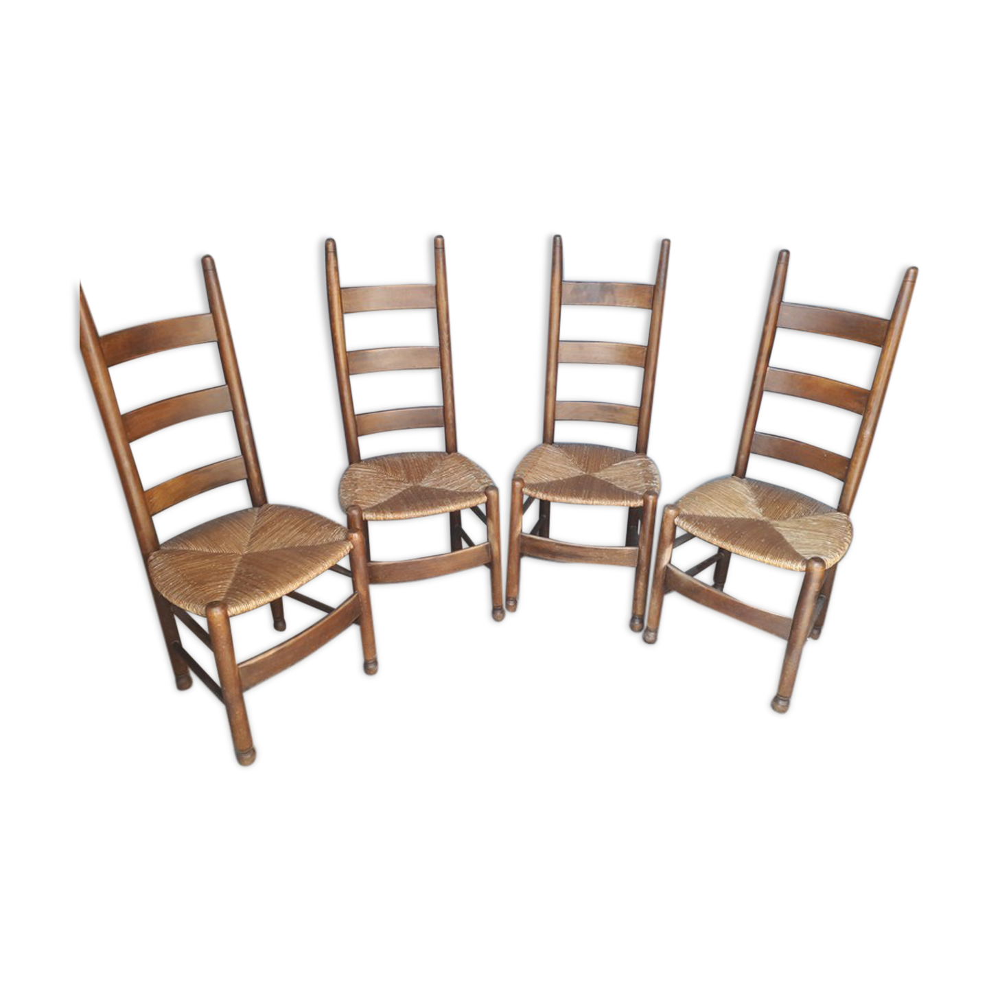 4 modernist chairs design wood and straw era 1960/70