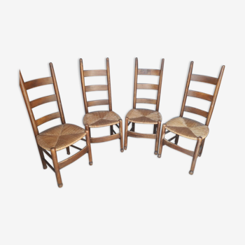 Set de 4 chaises modernistes design bois et paille epoque 1960/70
