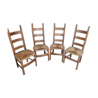 Set de 4 chaises modernistes design bois et paille epoque 1960/70