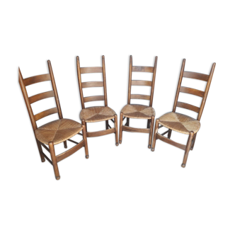 4 modernist chairs design wood and straw era 1960/70
