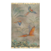 Painted canvas featuring parrots in a tropical forest. Contemporary.