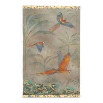 Toile peinte contemporaine figurant des perroquets en forêt tropicale