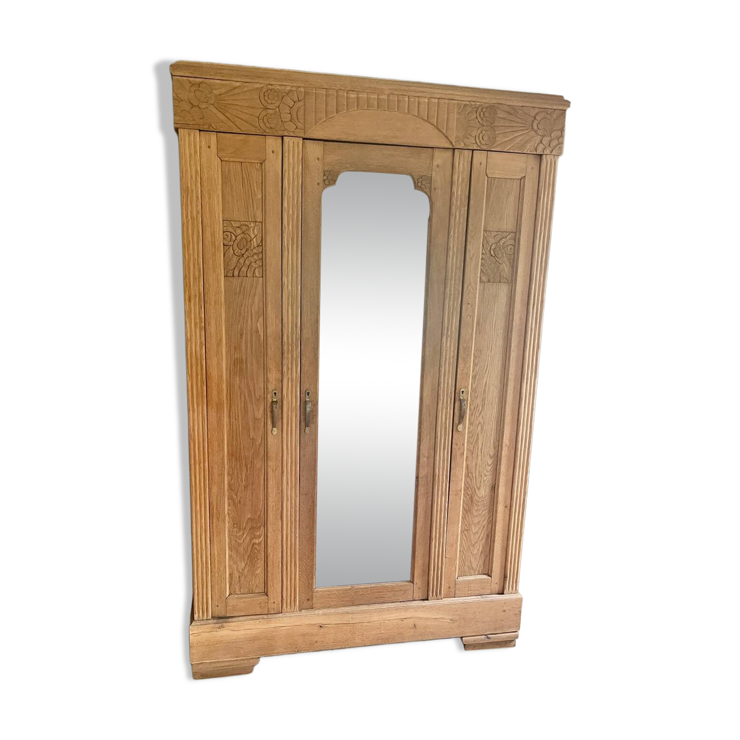 Solid raw oak wardrobe with Art Deco mirror