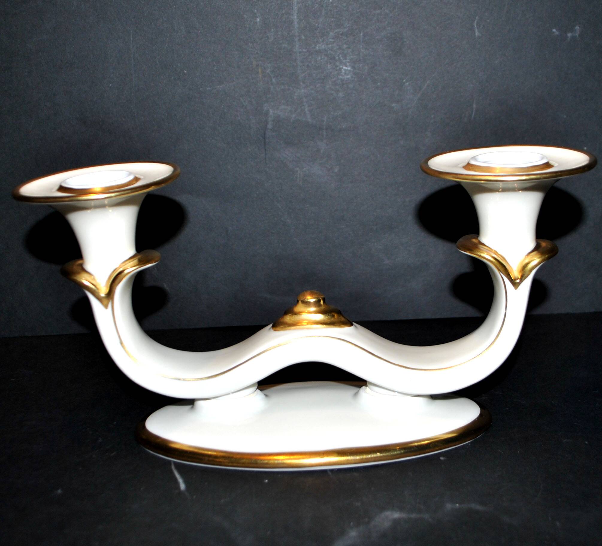Modernist German porcelain candle holder - double gold rim candlestick