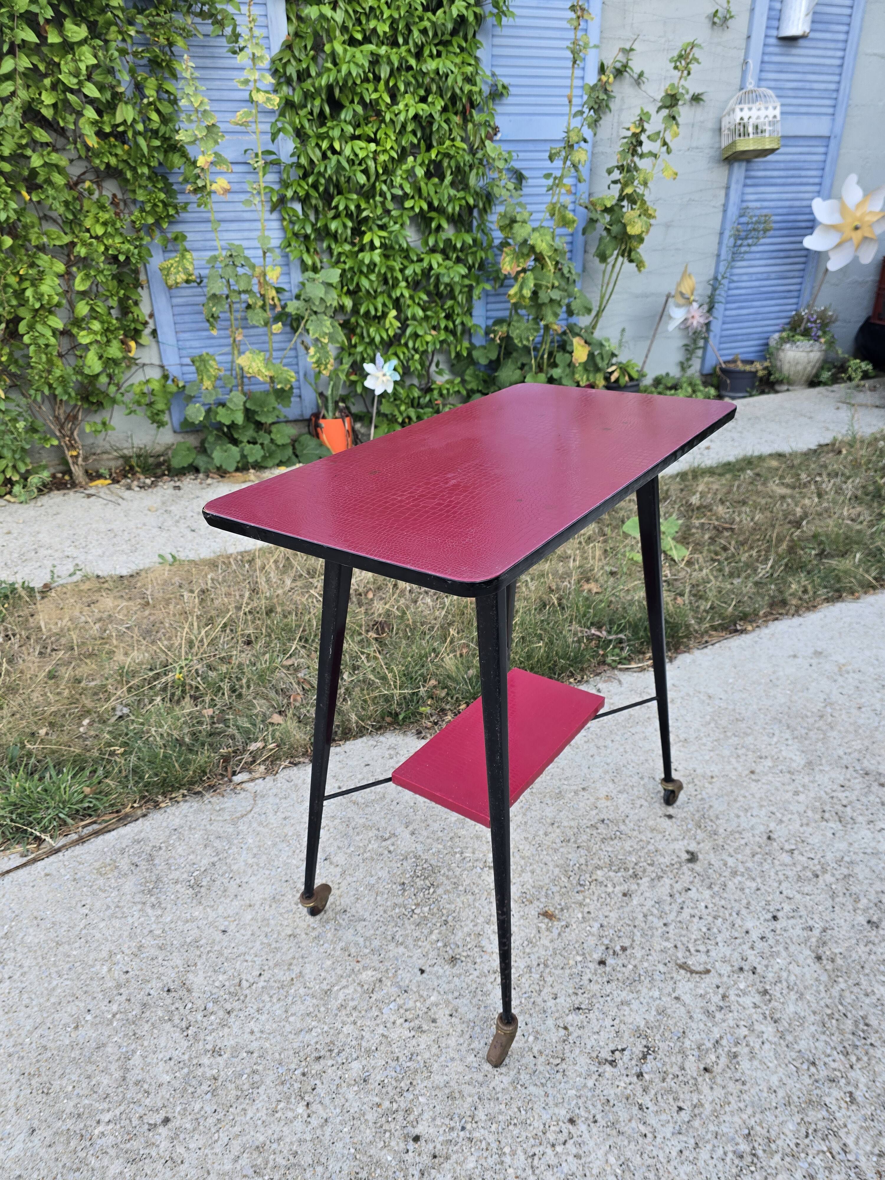 occasional table on wheels - red faux leather - vintage