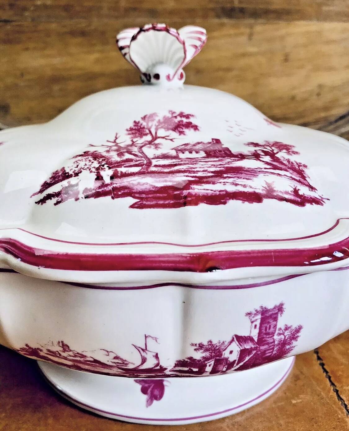 Old small Gien earthenware vegetable soup tureen, pink landscape model