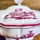 Old small Gien earthenware vegetable soup tureen, pink landscape model
